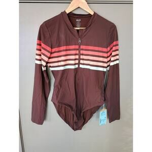 NWT Faherty Women's Surfseeker Rash Guard OnePiece Swimsuit Cocoa Sunray Stripe